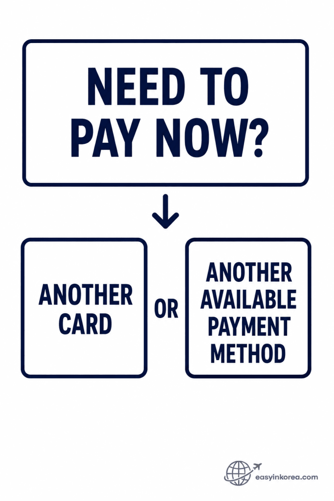 Foreign Card Not Working in Korea immediate payment options showing another card or another available payment method