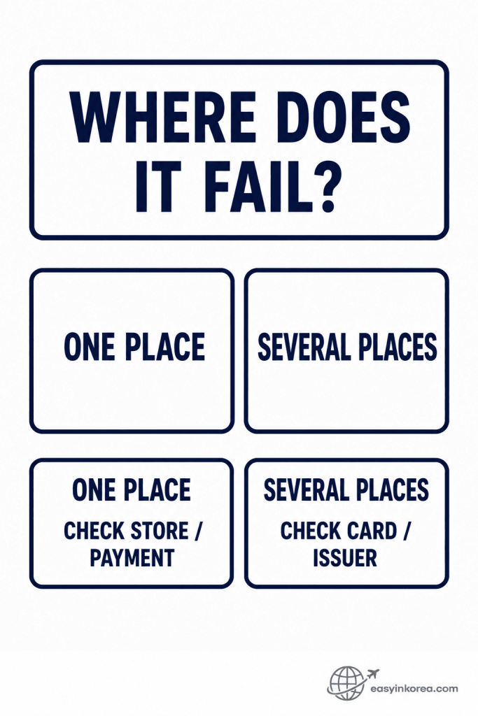 Foreign Card Not Working in Korea comparison showing one-place payment failure versus several-place card or issuer problems