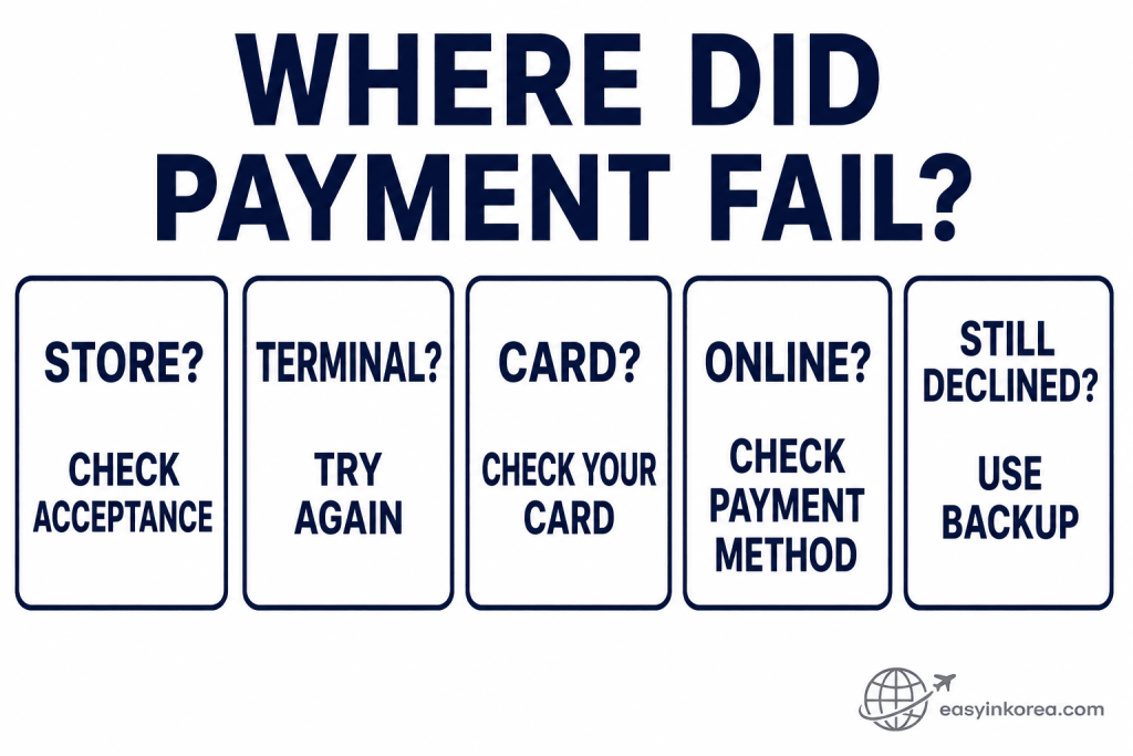 Foreign Card Not Working in Korea problem finder showing store, terminal, card, online payment, and backup checks