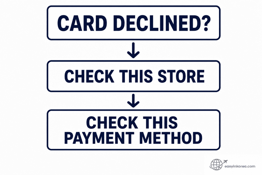 Foreign Card Not Working in Korea store payment check showing card declined, check this store, and check this payment method