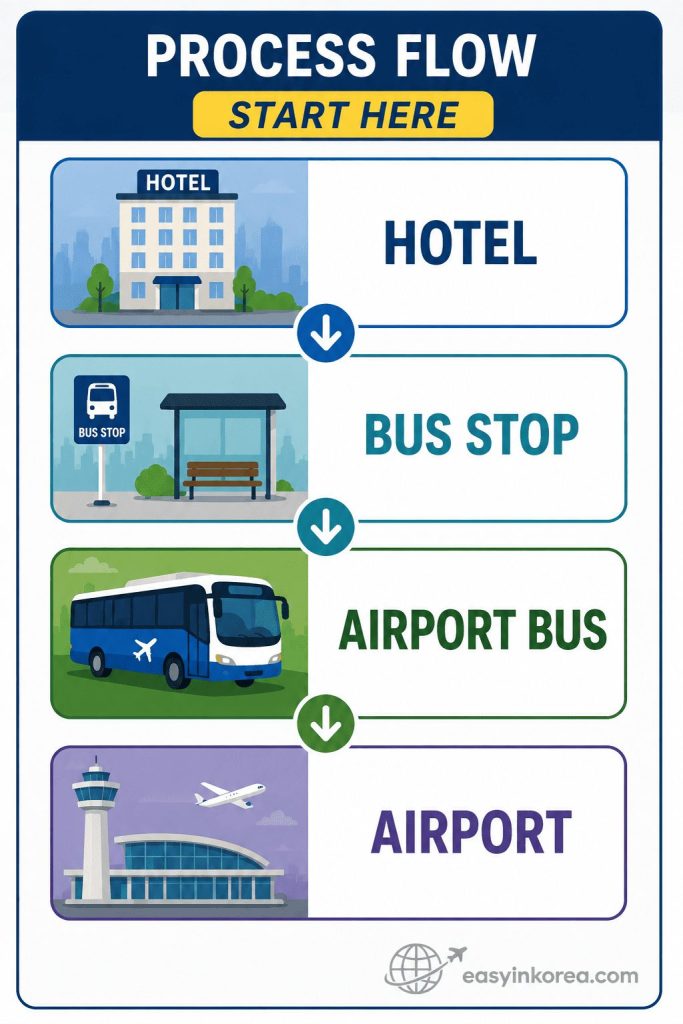 Gangnam to Incheon Airport Airport Bus process showing the route from hotel to bus stop, Airport Bus, and Incheon Airport.