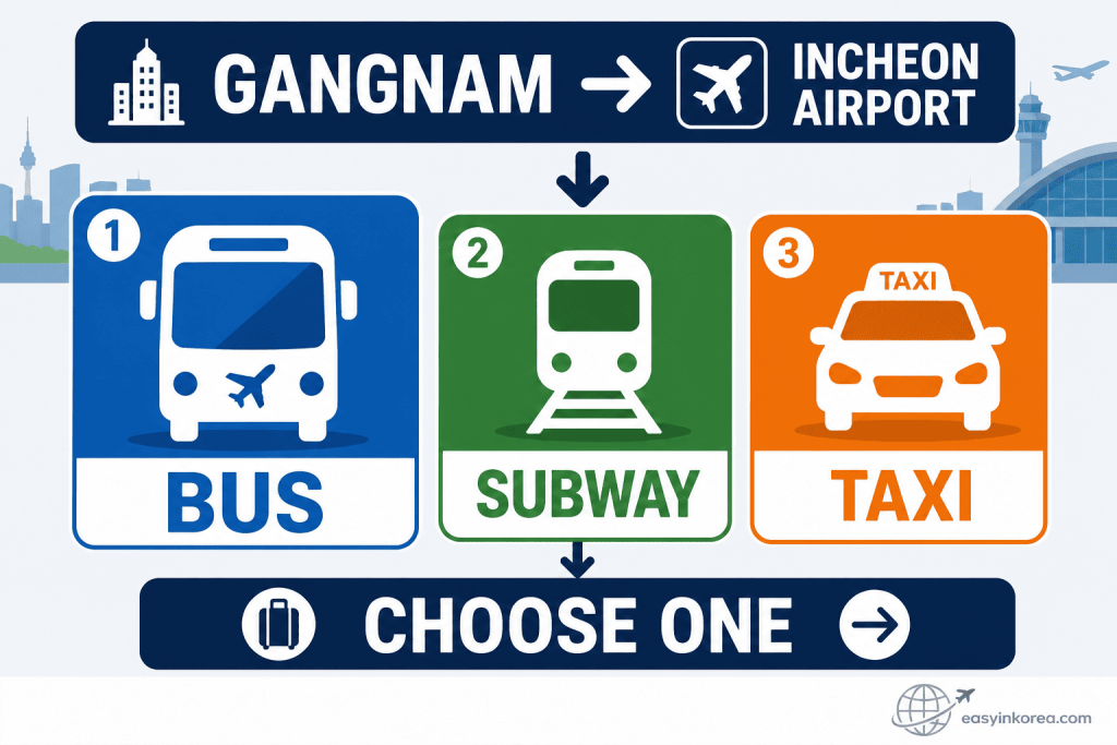 Gangnam to Incheon Airport transportation comparison showing Airport Bus, Subway, and Taxi to help travelers choose the route that fits your trip to Incheon Airport.