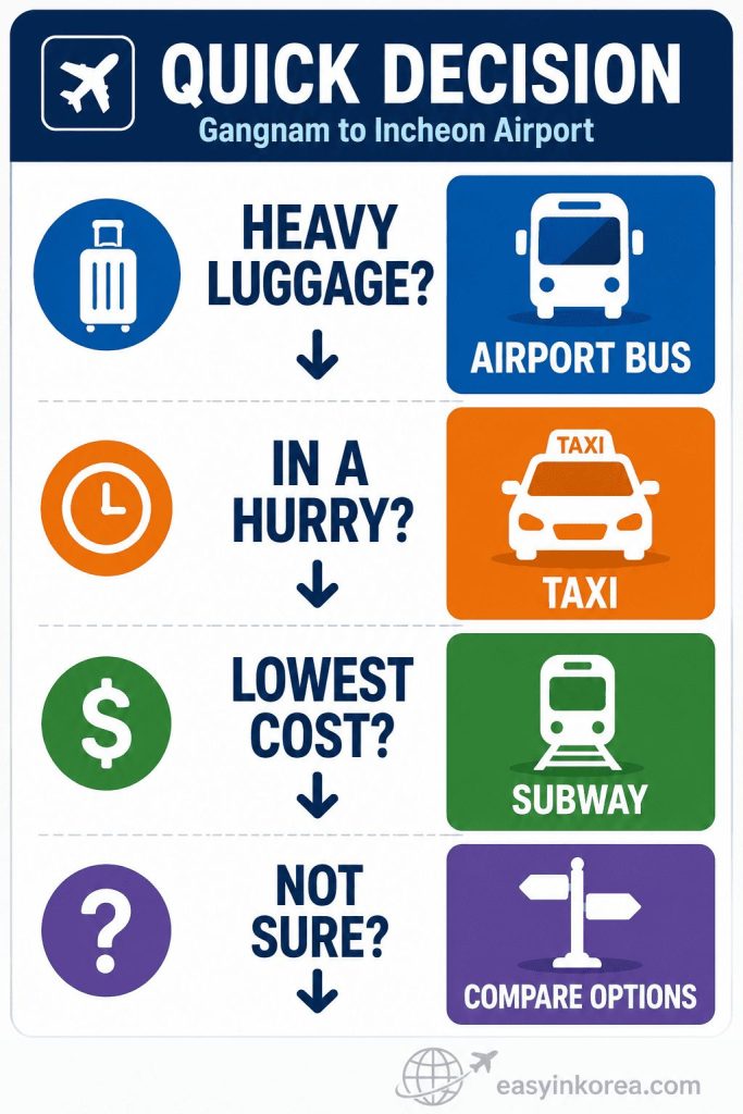 Gangnam to Incheon Airport quick decision guide showing when to choose Airport Bus, Taxi, Subway, or compare transportation options before traveling to Incheon Airport.