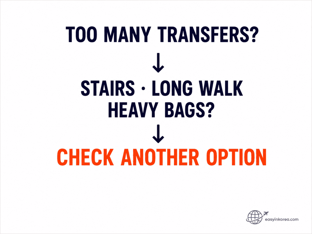 Heavy luggage in Seoul subway route with multiple transfers stairs long walking and heavy bags