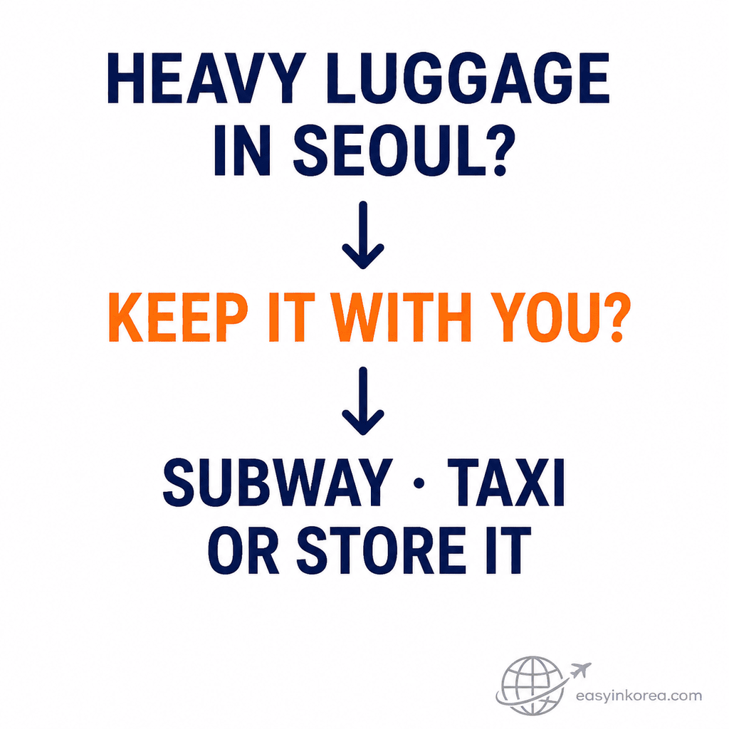 Heavy luggage in Seoul decision guide comparing subway taxi and luggage storage options