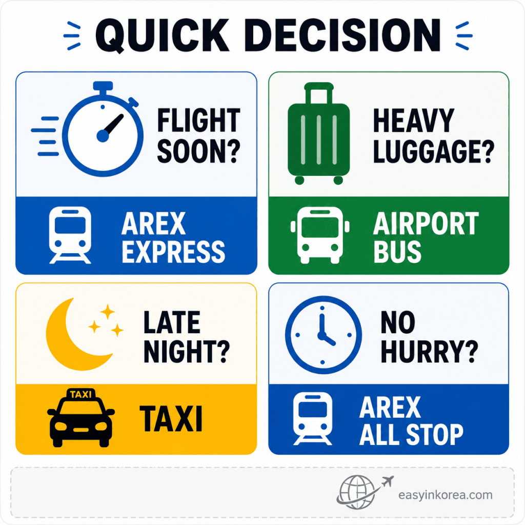 How to Get to Incheon Airport from Seoul quick decision guide for AREX Express, airport bus, taxi, and AREX All Stop
