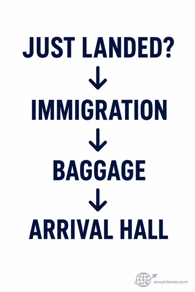 Incheon Airport Arrival Guide showing the arrival process from immigration to baggage claim and the arrival hall
