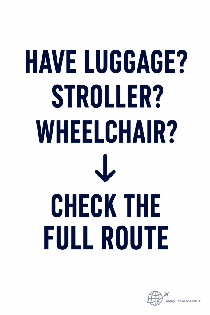 Incheon Airport Arrival Guide showing travelers with luggage, a stroller, or a wheelchair to check the full route