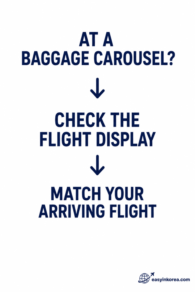 Incheon Airport Baggage Claim Guide showing how to check the flight display and confirm the correct baggage carousel