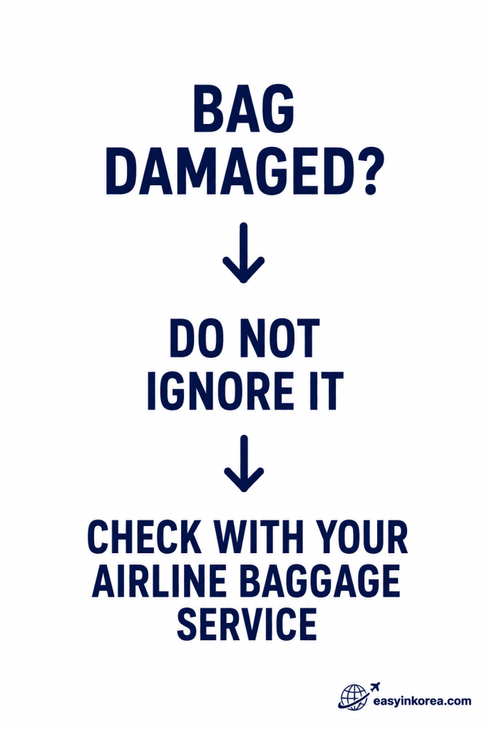Incheon Airport Baggage Claim Guide showing what to do when checked luggage arrives damaged