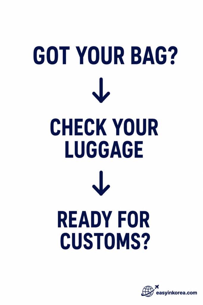 Incheon Airport Baggage Claim Guide showing the final luggage check before continuing to Customs