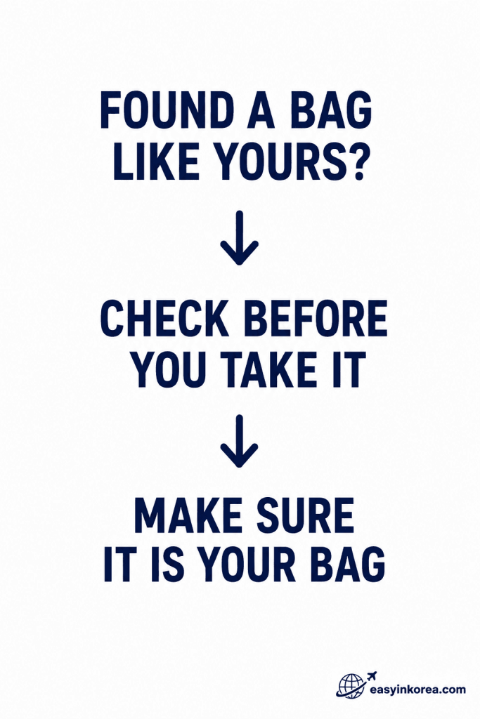 Incheon Airport Baggage Claim Guide showing travelers to check a similar suitcase before taking it from the carousel