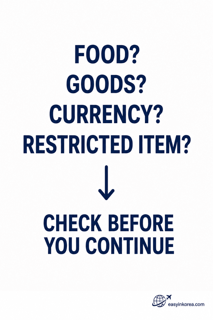Customs check guide highlighting food, agricultural products, goods, currency, and restricted items