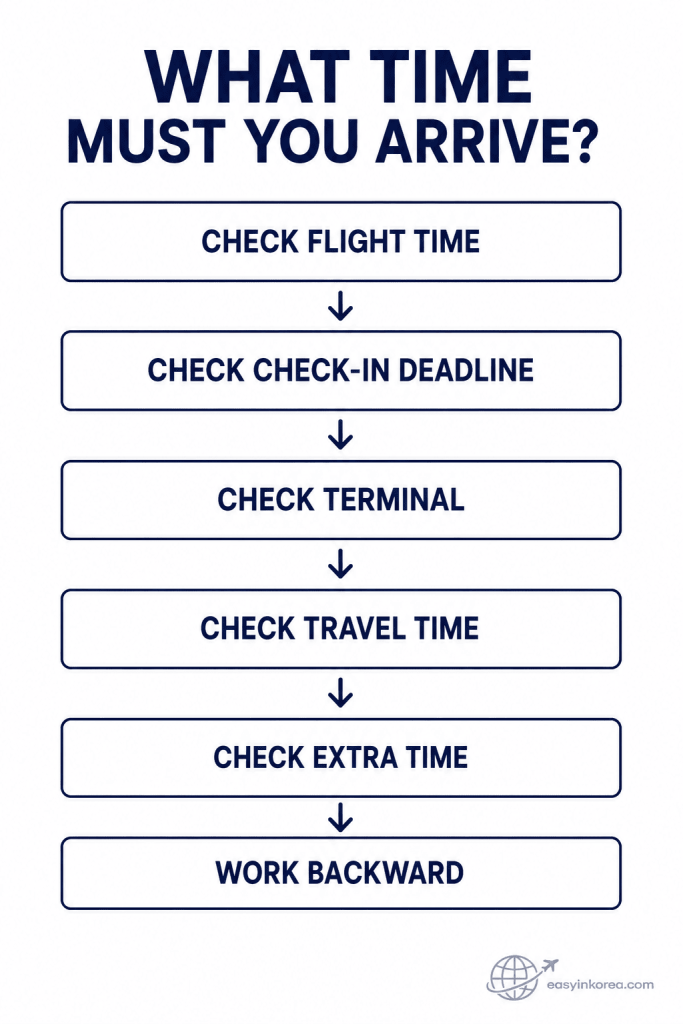 Early morning Incheon Airport arrival time checklist showing flight time, check-in deadline, terminal, travel time, extra time, and a work-backward decision.