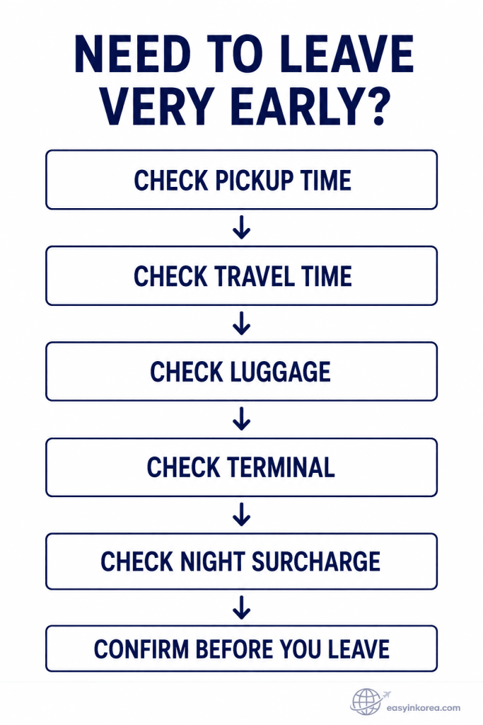 Early morning Incheon Airport taxi checklist showing pickup time, travel time, luggage, terminal, night surcharge, and final confirmation before departure.
