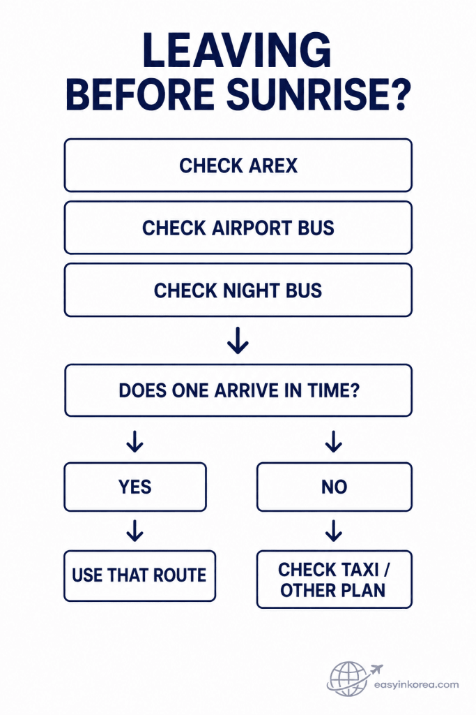 Early morning Incheon Airport transport availability decision showing AREX, airport bus, night bus, and taxi backup options.