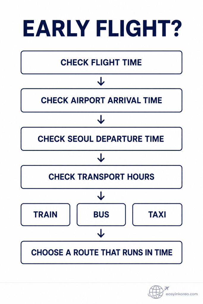 Early morning Incheon Airport transport decision showing flight time, airport arrival time, Seoul departure time, and train, bus, or taxi options.