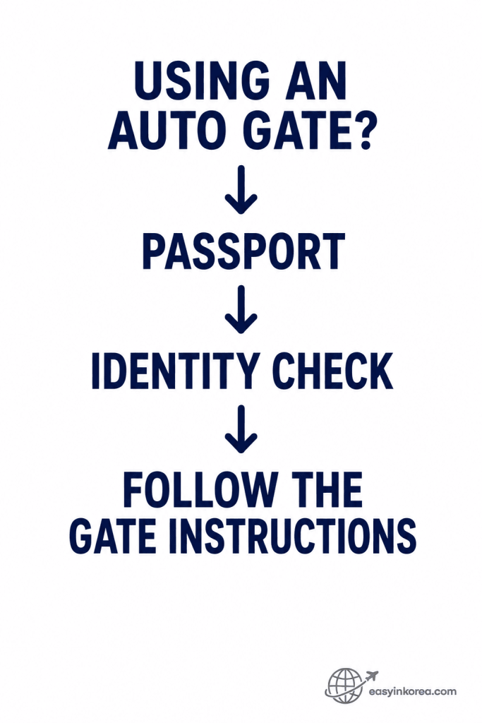 Incheon Airport Immigration Guide showing the automated immigration gate process with passport and identity check steps.