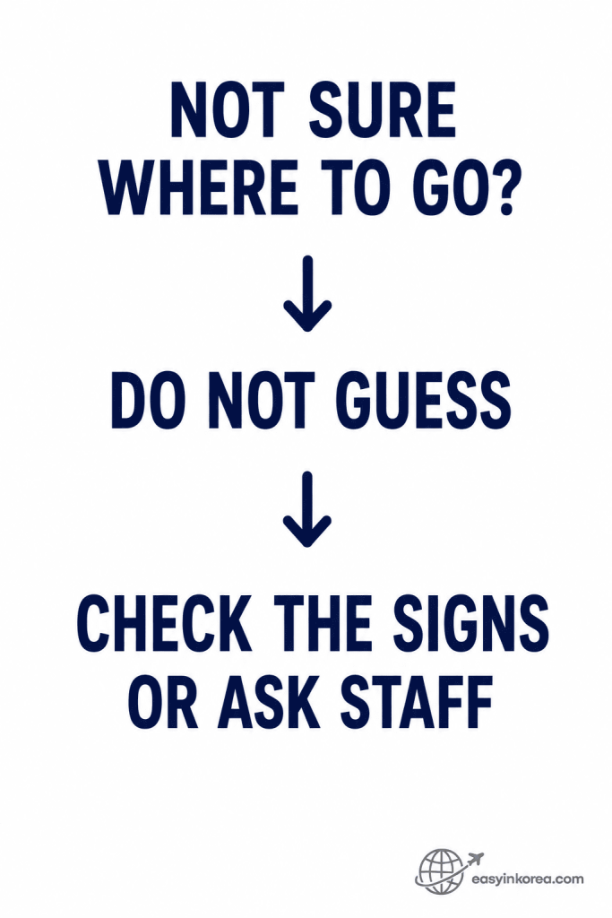 Incheon Airport Immigration Guide showing travelers to check current signs or ask staff when they are not sure where to go.