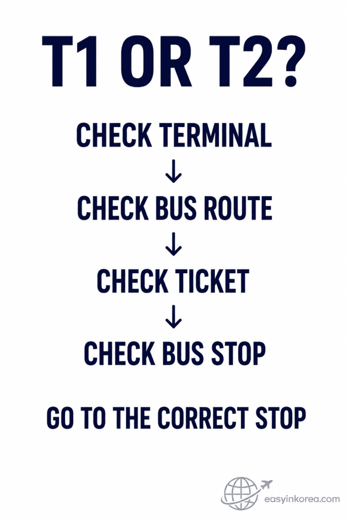 Incheon Airport Limousine Bus Guide terminal decision graphic showing T1 or T2, bus route, ticket, bus stop, and the correct stop check.