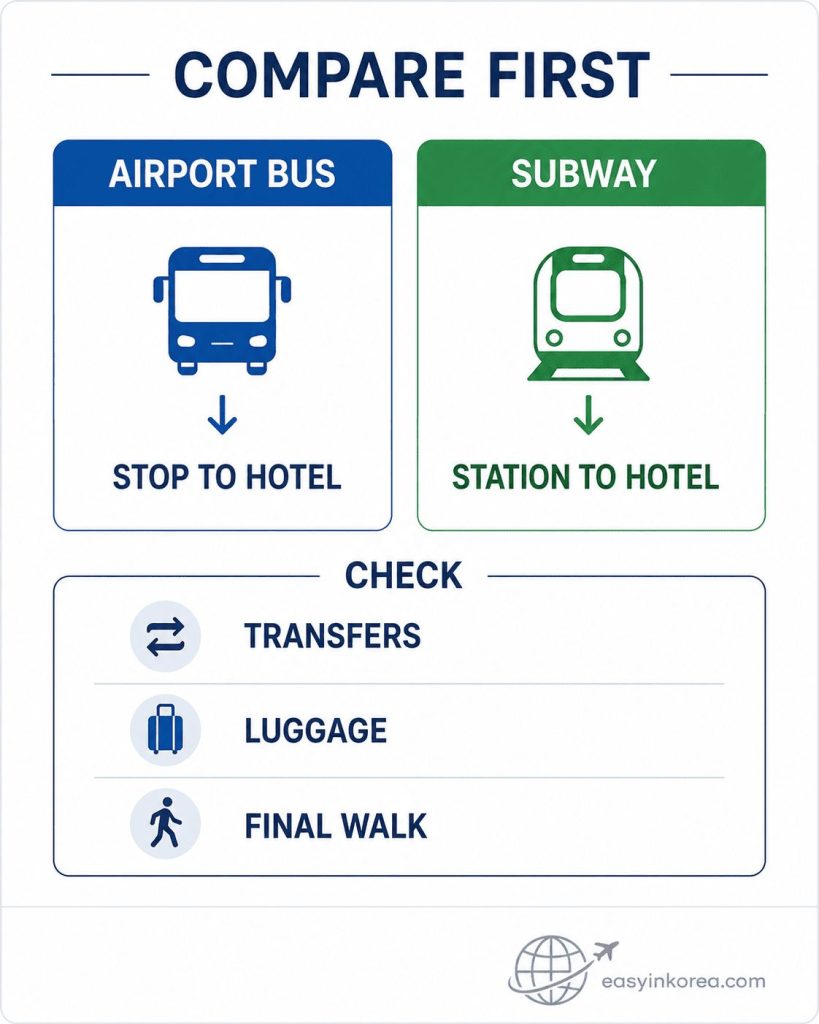 Incheon Airport to Dongdaemun airport bus vs subway comparison showing stop-to-hotel and station-to-hotel connections, transfers, luggage, and final walk