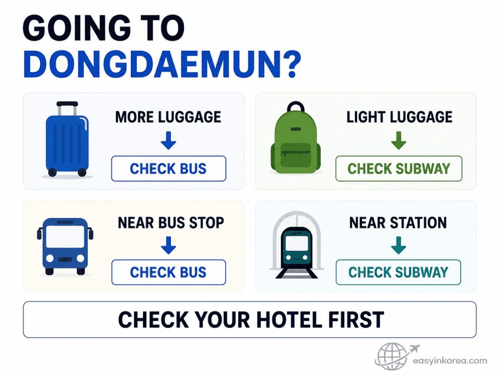 Incheon Airport to Dongdaemun quick decision guide comparing when to check the airport bus or subway based on luggage and hotel location