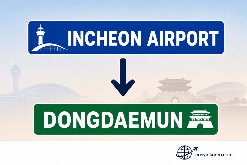 Incheon Airport to Dongdaemun travel guide showing the route from Incheon International Airport to Dongdaemun in Seoul