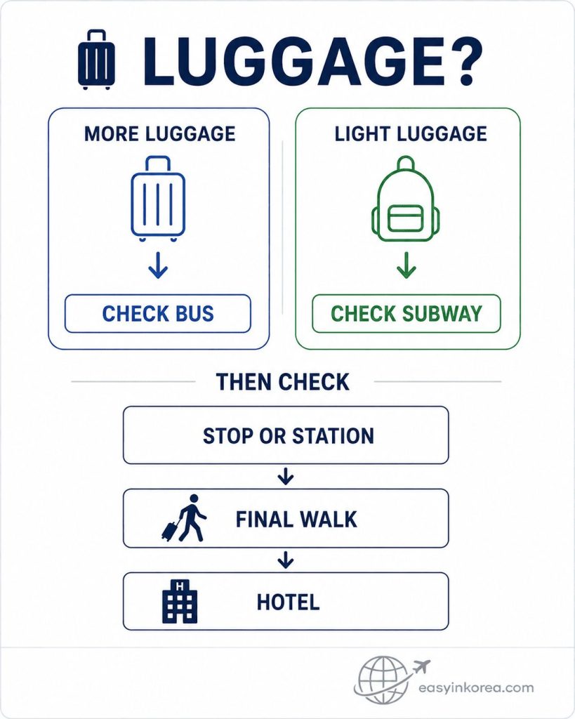 Incheon Airport to Dongdaemun luggage decision guide showing when to check the airport bus or subway and how to check the final walk to the hotel
