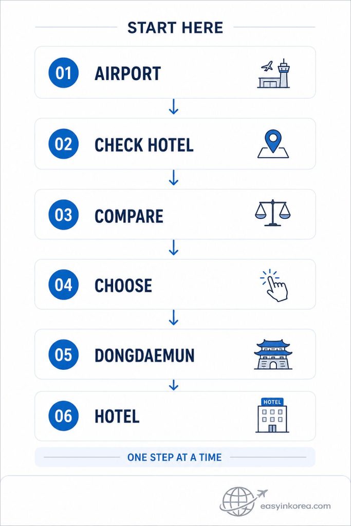 Incheon Airport to Dongdaemun step-by-step process flow showing airport arrival, hotel check, comparison, transport choice, Dongdaemun arrival, and final hotel connection