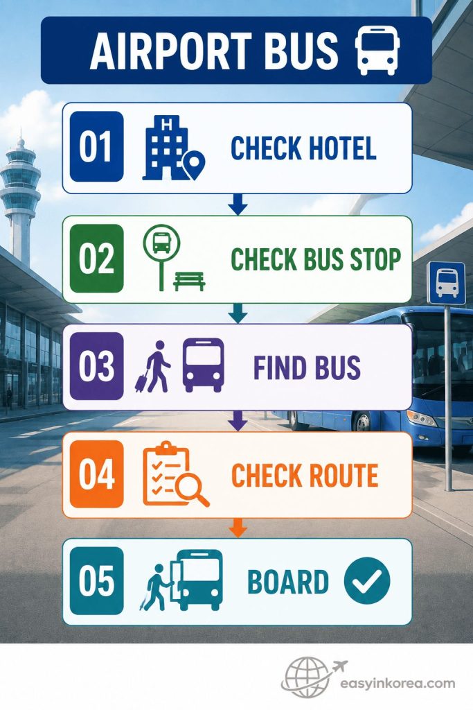 Incheon Airport to Gangnam airport bus flow showing how to check the hotel, confirm the bus stop and route, find the bus, and board