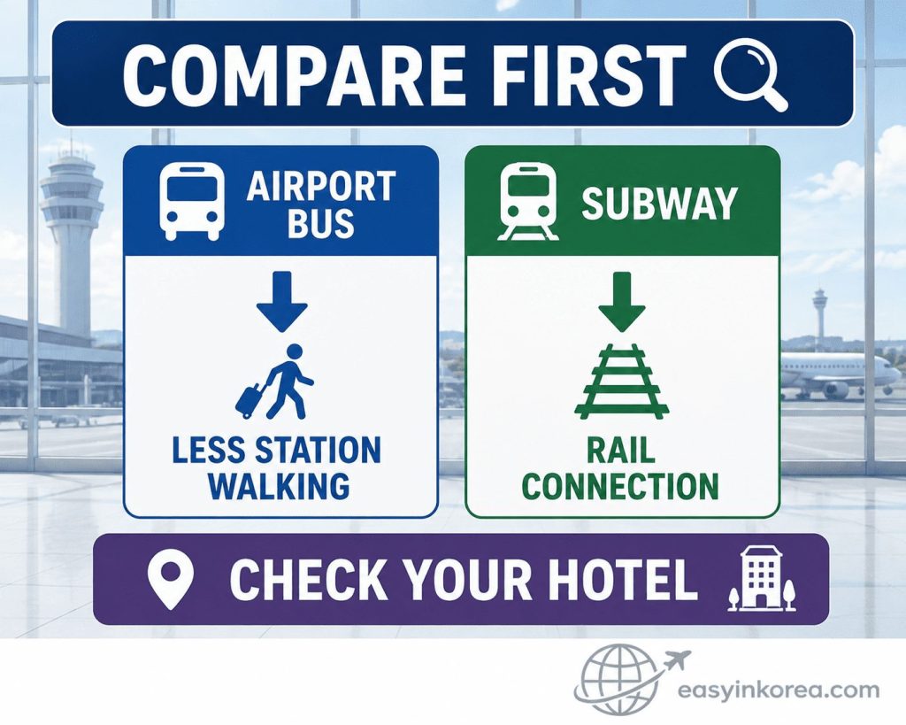 Incheon Airport to Gangnam comparison card showing airport bus for less station walking and subway for a rail connection