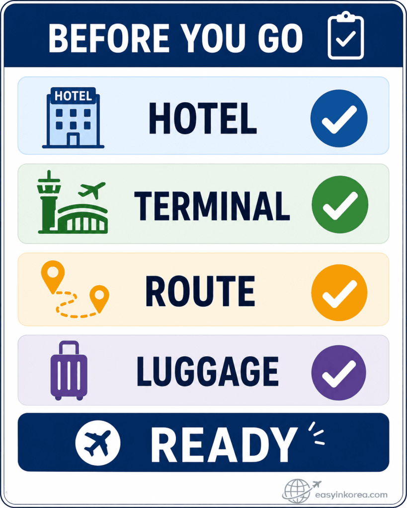 Incheon Airport to Gangnam before you go checklist showing hotel, terminal, route, luggage, and ready confirmation before leaving the airport