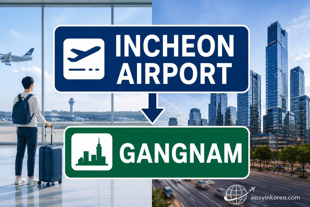 Incheon Airport to Gangnam route graphic showing a traveler with luggage moving from the airport to the Gangnam area