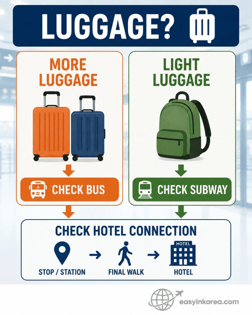 Incheon Airport to Gangnam luggage decision card comparing airport bus for more luggage and subway for light luggage with a final hotel connection check
