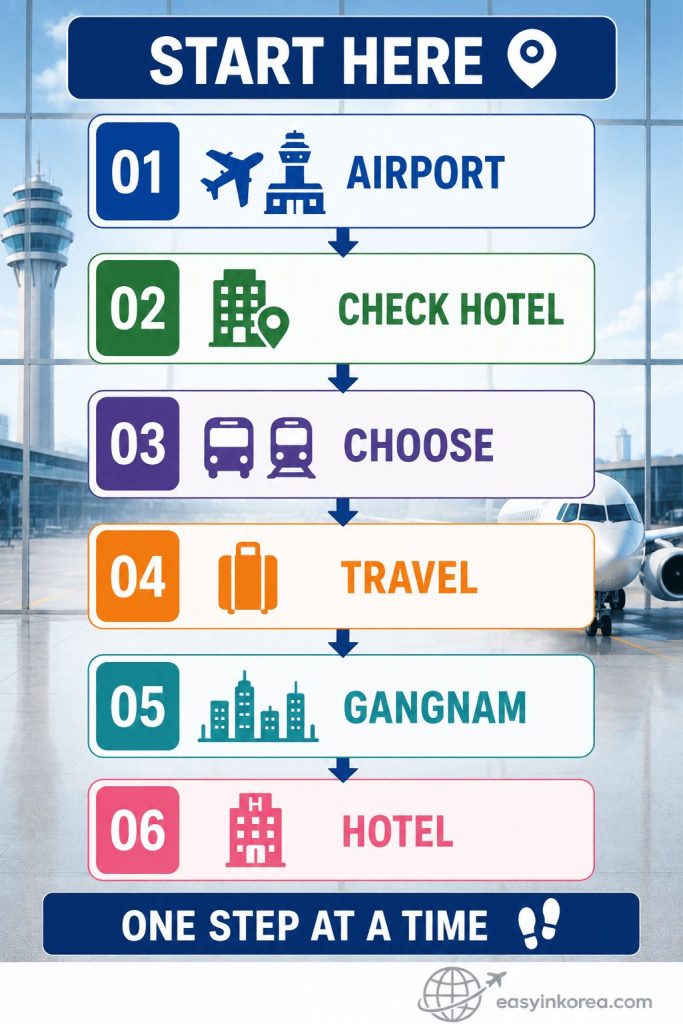 Incheon Airport to Gangnam step-by-step route showing hotel check, airport bus or rail decision, airport signs, and final hotel connection