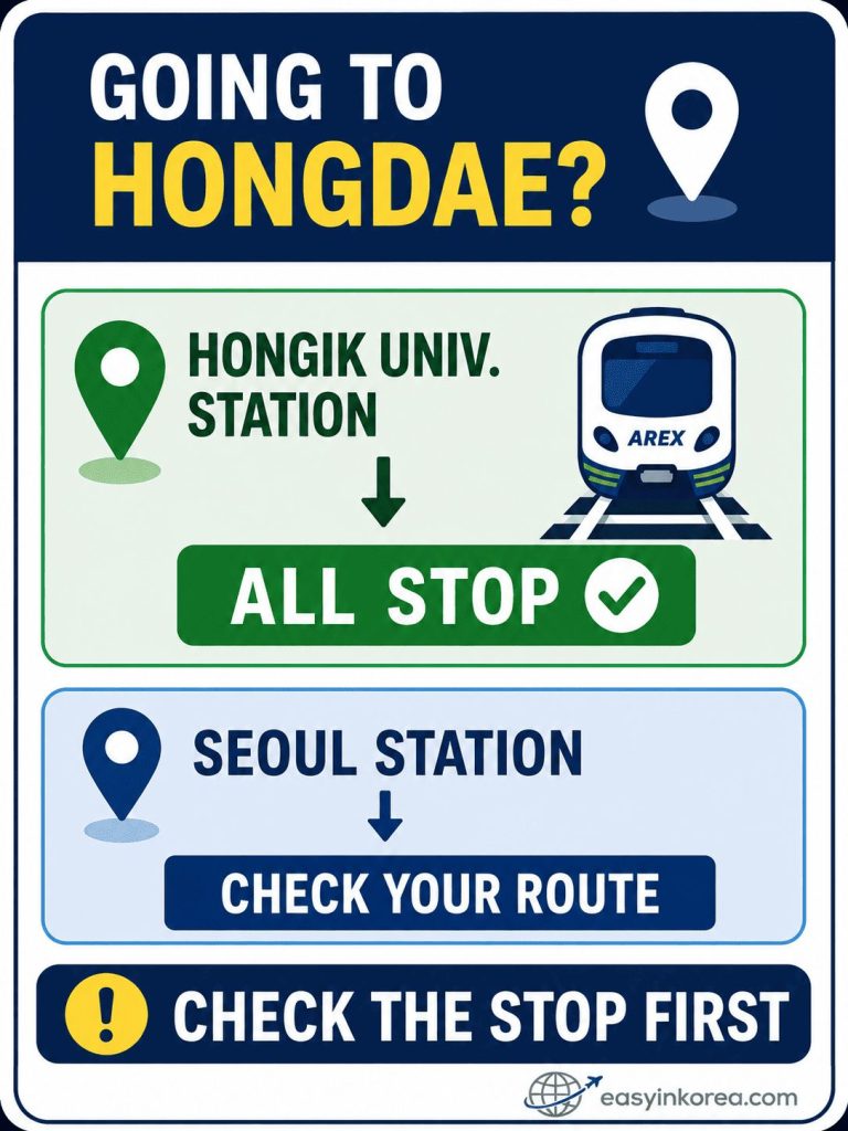 Incheon Airport to Hongdae decision card showing Hongik University Station with AREX All Stop and Seoul Station with a route check