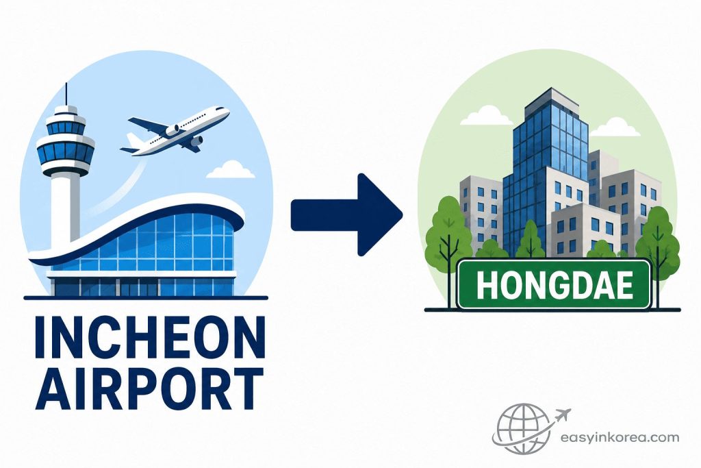 Incheon Airport to Hongdae route illustration showing Incheon Airport, a directional arrow, and the Hongdae city area