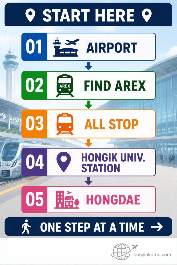 Incheon Airport to Hongdae step-by-step route showing Airport, Find AREX, All Stop, Hongik University Station, and Hongdae