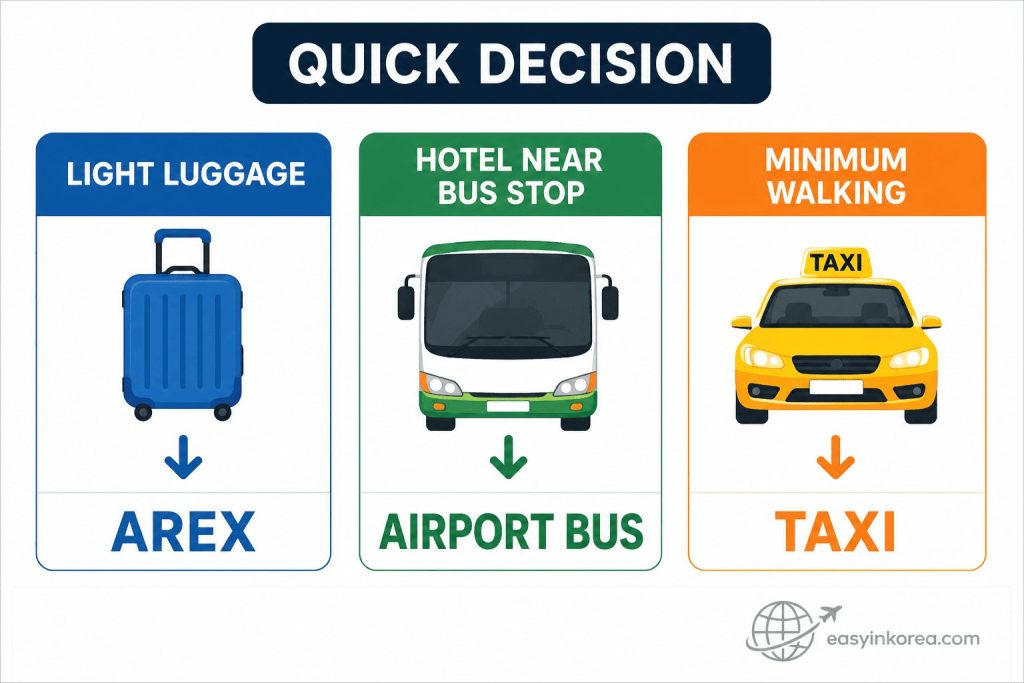 Incheon Airport to Myeongdong quick decision guide showing AREX for light luggage, airport bus for hotels near a bus stop, and taxi for minimum walking
