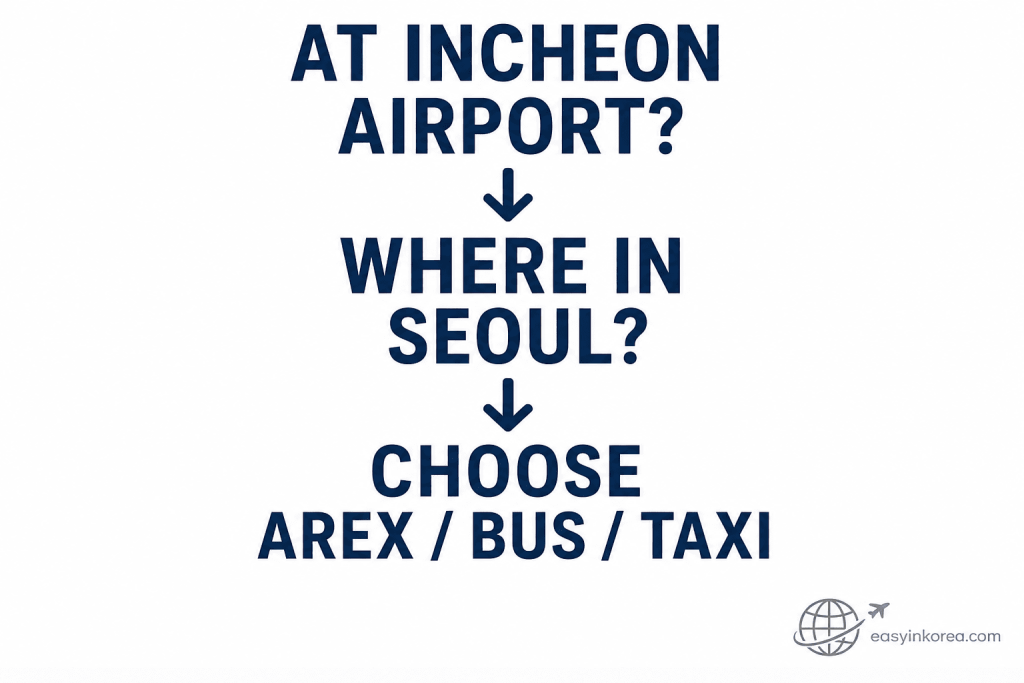 Incheon Airport to Seoul transport decision showing AREX, airport bus, and taxi after checking the final destination