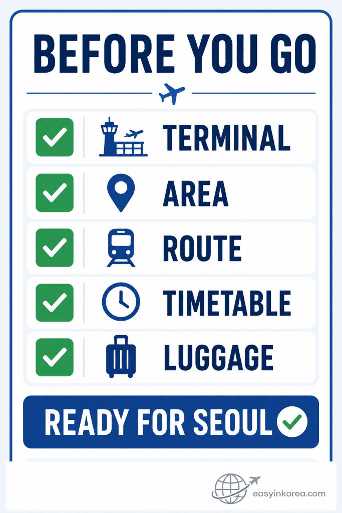 Incheon Airport to Seoul before-you-go checklist showing terminal, area, route, timetable, and luggage checks