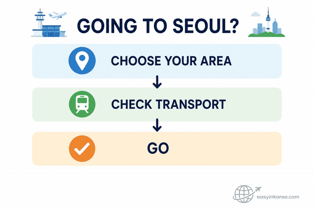 Incheon Airport to Seoul quick decision guide showing choose your area, check transport, and go