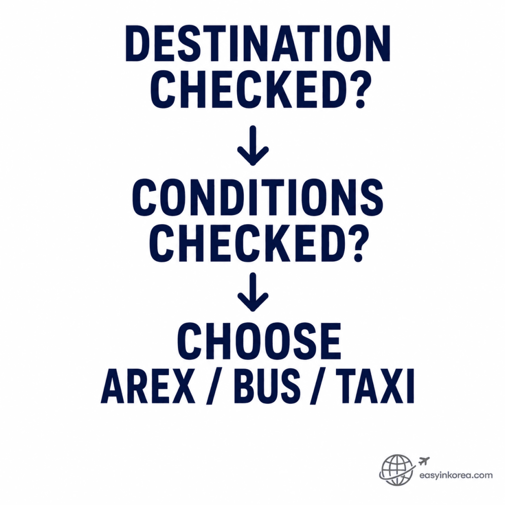 Final Incheon Airport to Seoul transport decision between AREX, airport bus, and taxi