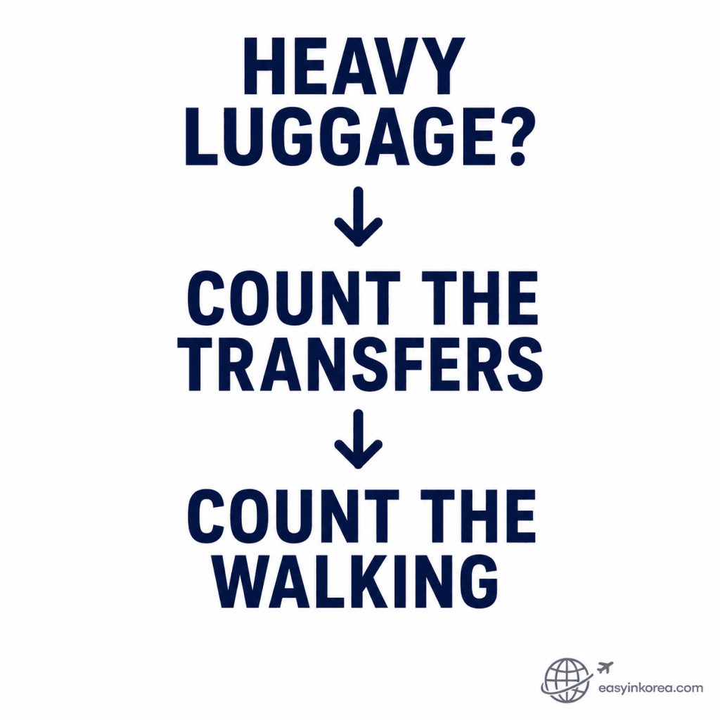 Heavy-luggage transport decision showing travelers to count transfers and walking from Incheon Airport to Seoul