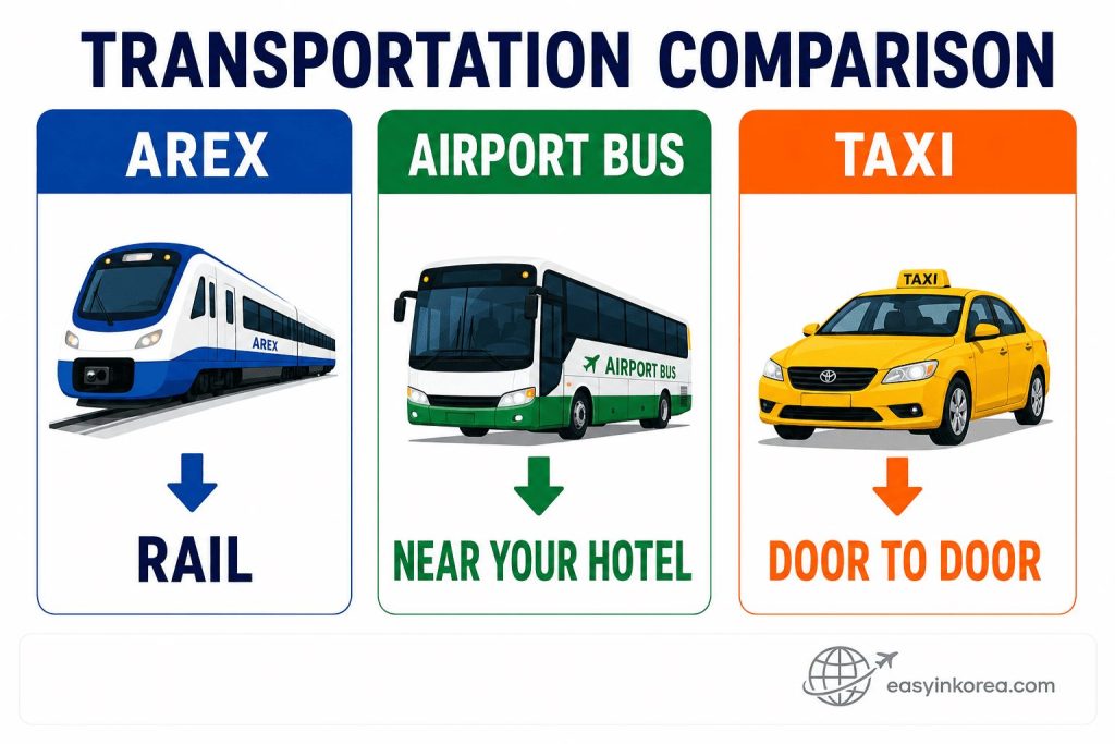 Incheon Airport to Seoul transportation comparison showing AREX rail, airport bus near your hotel, and taxi door-to-door options