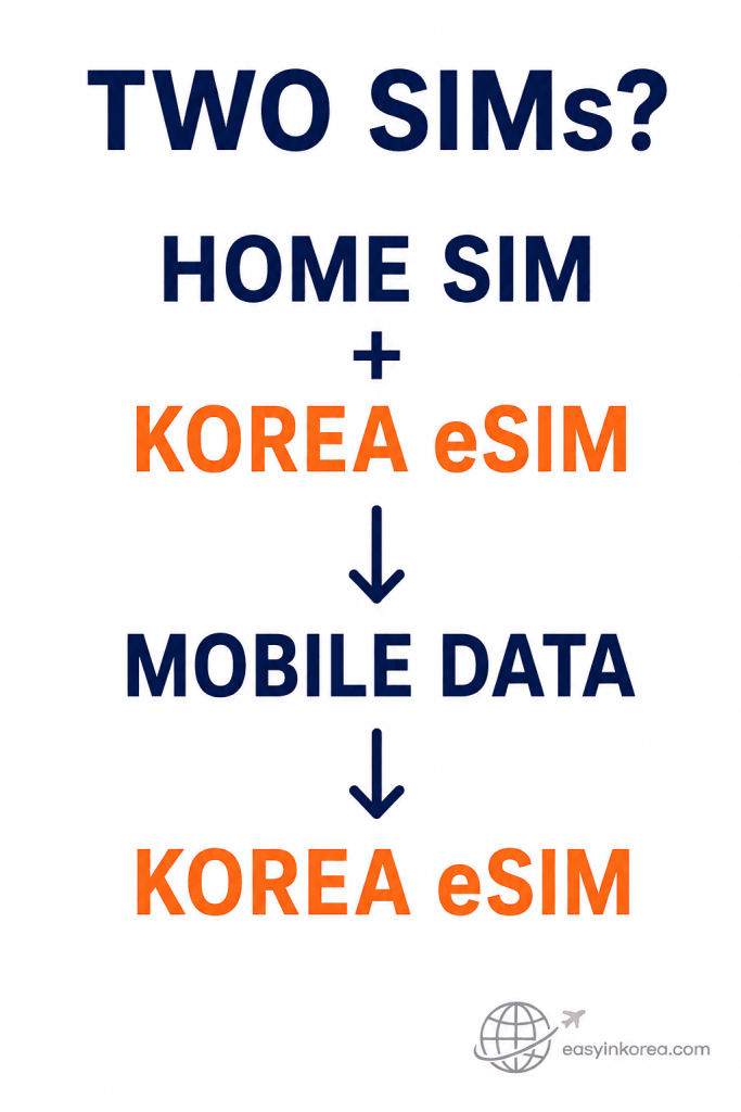 Korea eSIM not working mobile data check showing Home SIM and Korea eSIM with Korea eSIM selected for mobile data