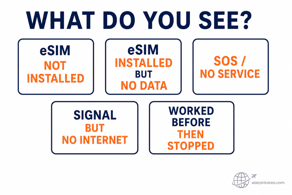Korea eSIM not working problem finder showing eSIM not installed, no data, no service, signal without internet, and connection stopped