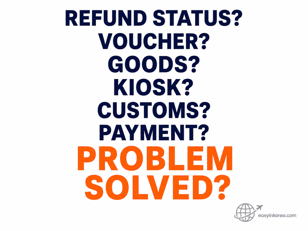 Korea Tax Refund Problems quick decision guide for refund status, voucher, goods, kiosk, Customs, payment, and final resolution