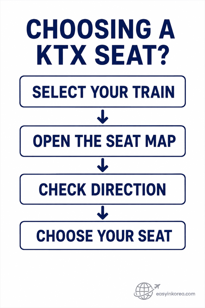 KTX Seat Selection process from selecting a train to opening the seat map, checking direction, and choosing a seat