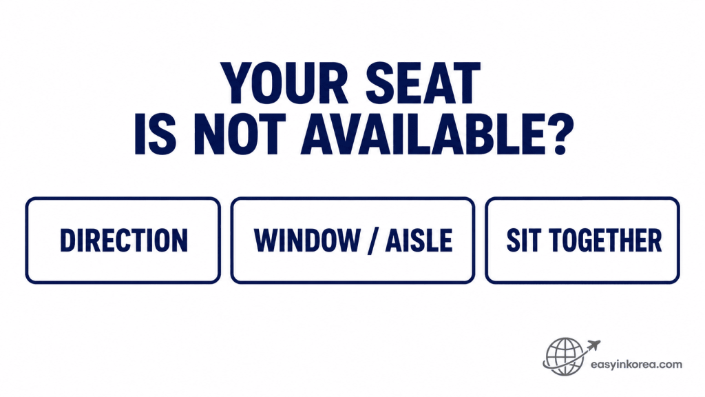 KTX Seat Selection guide showing direction, window or aisle, and sitting together when a preferred seat is unavailable